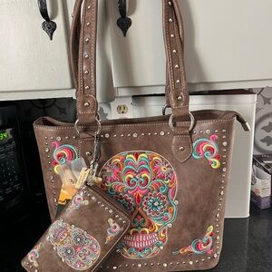 American Bling Sugar Skull Concealed Carry Tote Set - Coffee Brown + Holster